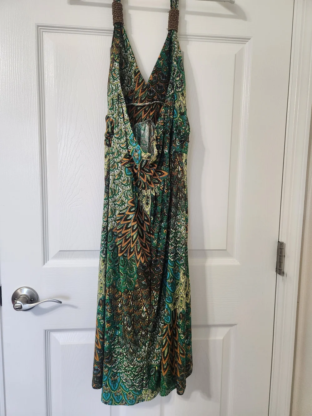 CristinaLove Boho Peacock Colors PaisleyPrint Halter Maxi Dress Wood Bead Detail
